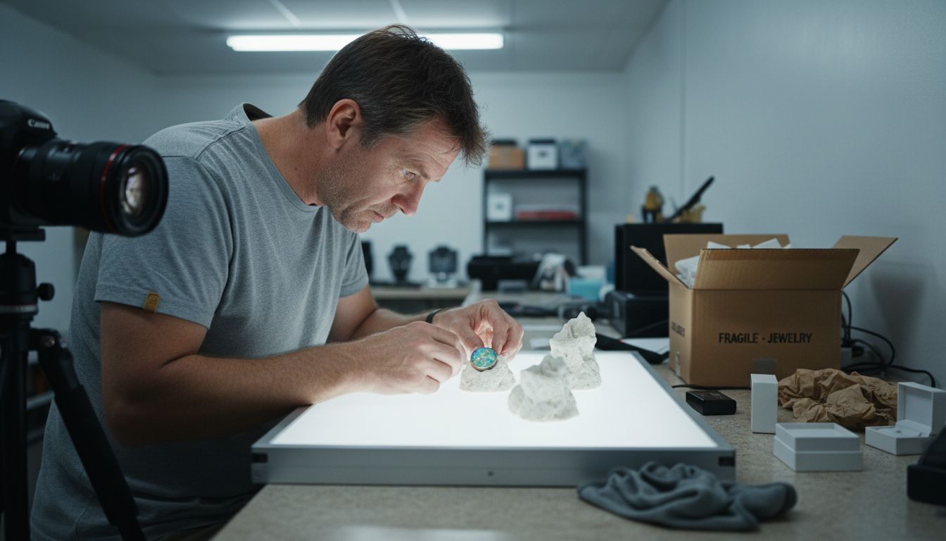 Photographer arranging opal pendant for photos