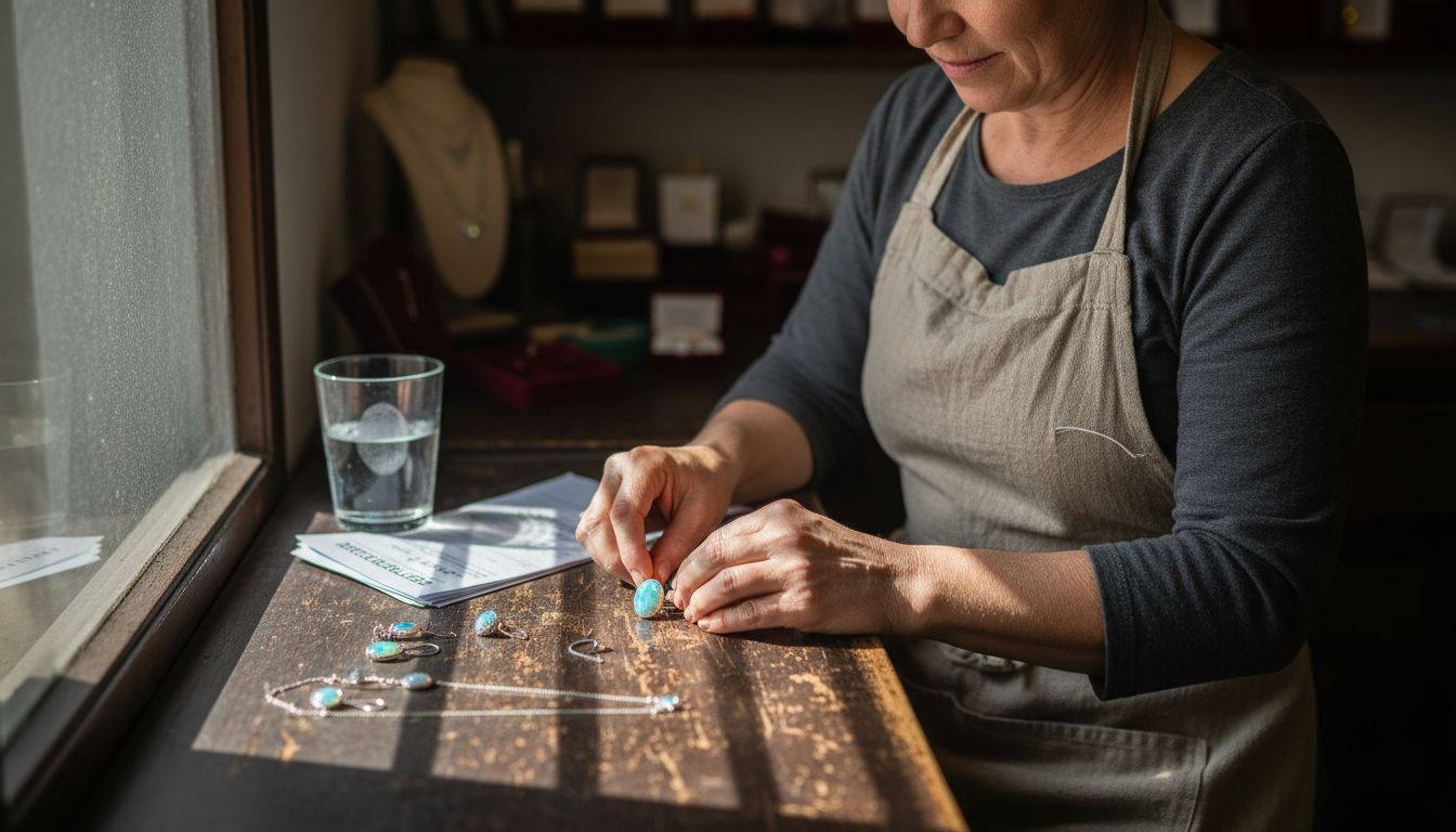 Ein edles Opalschmuck-Set stilvoll auf einer Holzoberfläche präsentiert.