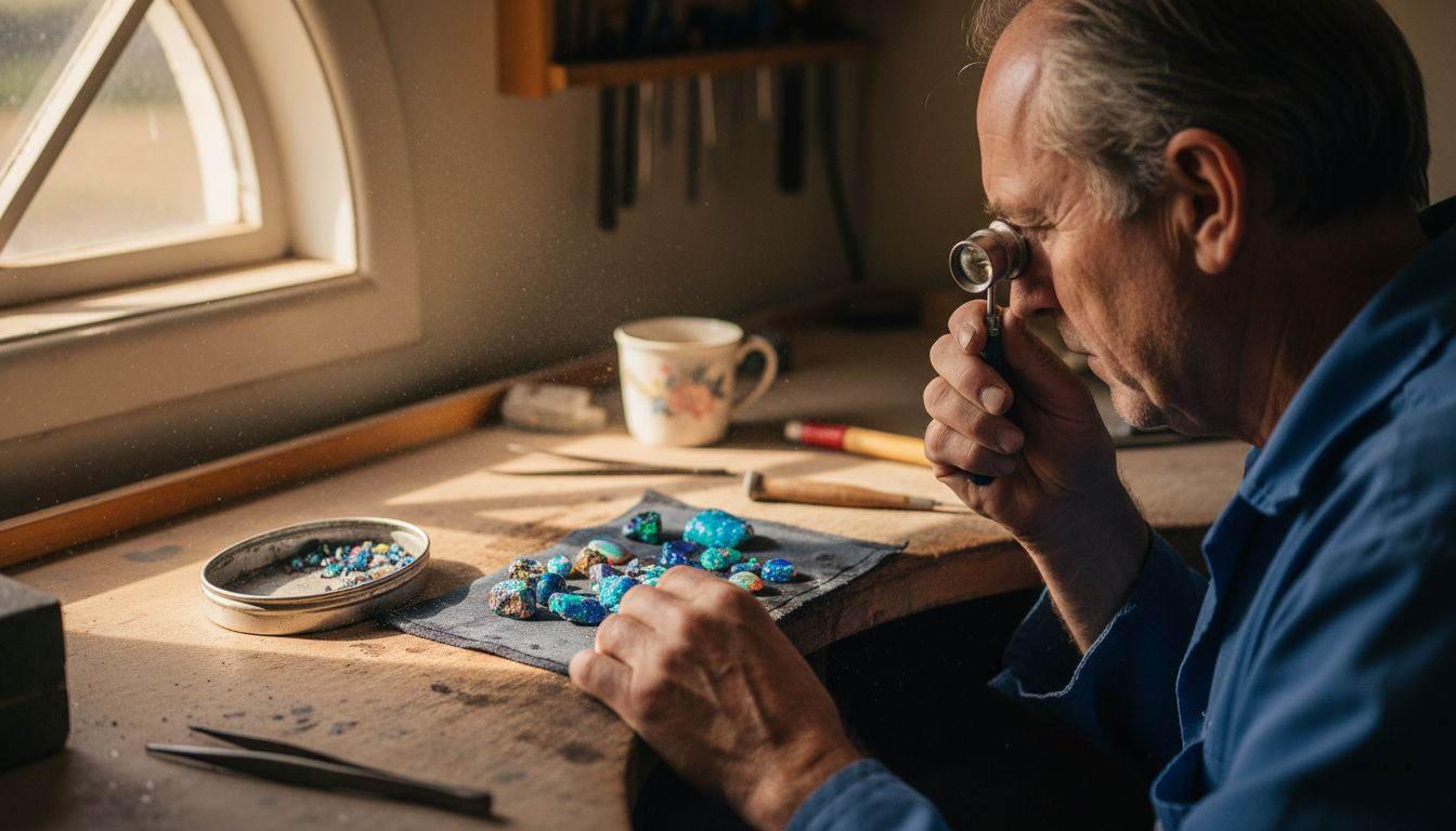 Ein erfahrener Edelsteinschleifer begutachtet sorgfältig seltene Schwarzopale aus Lightning Ridge.