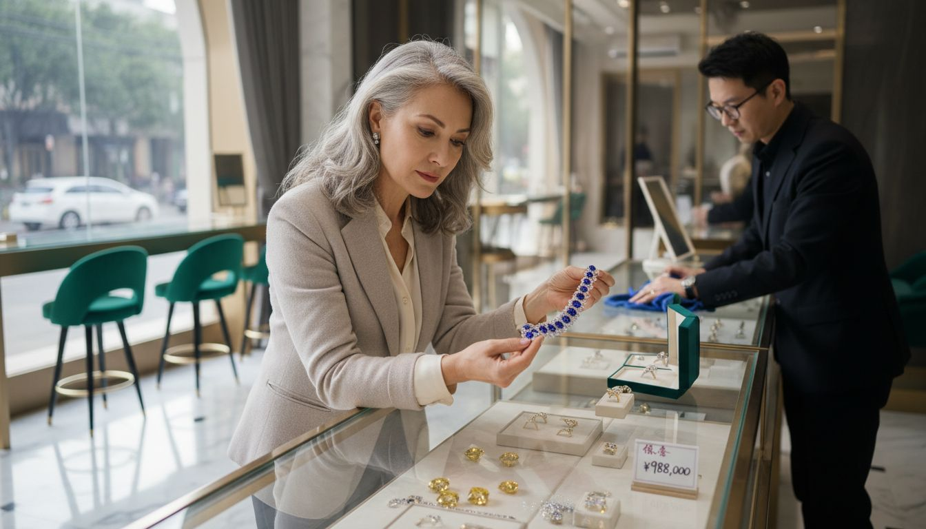 顾客在精品珠宝店里细致挑选心仪的首饰。