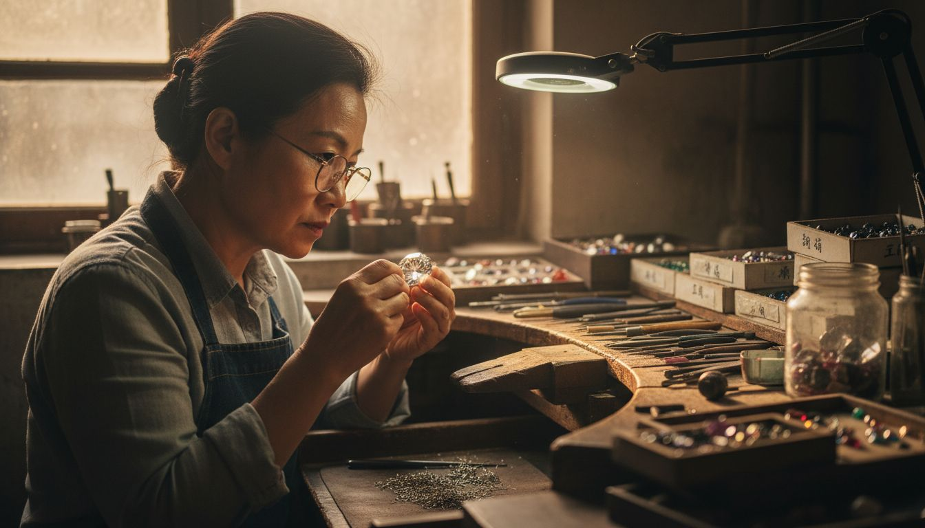 珠宝匠在工作台前仔细检查钻石的品质。
