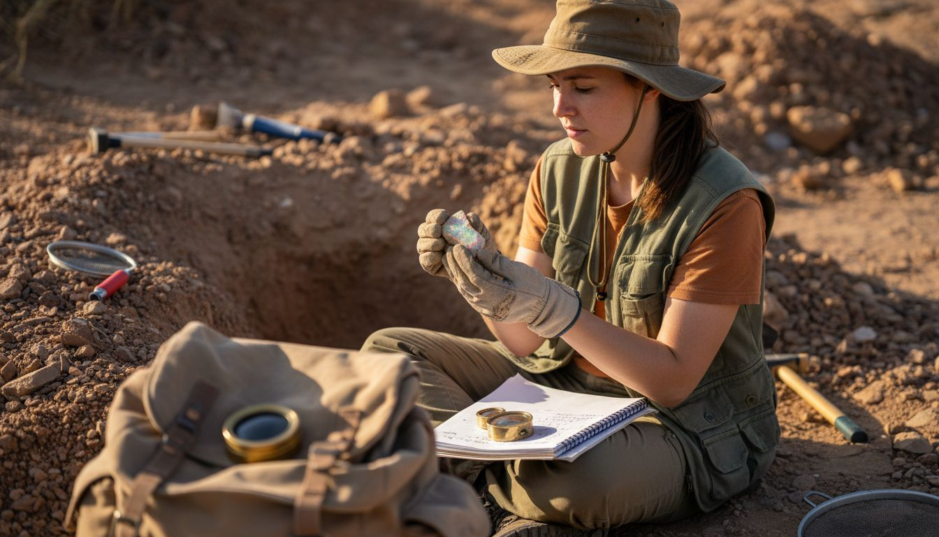 Geologist studying rough opal sample