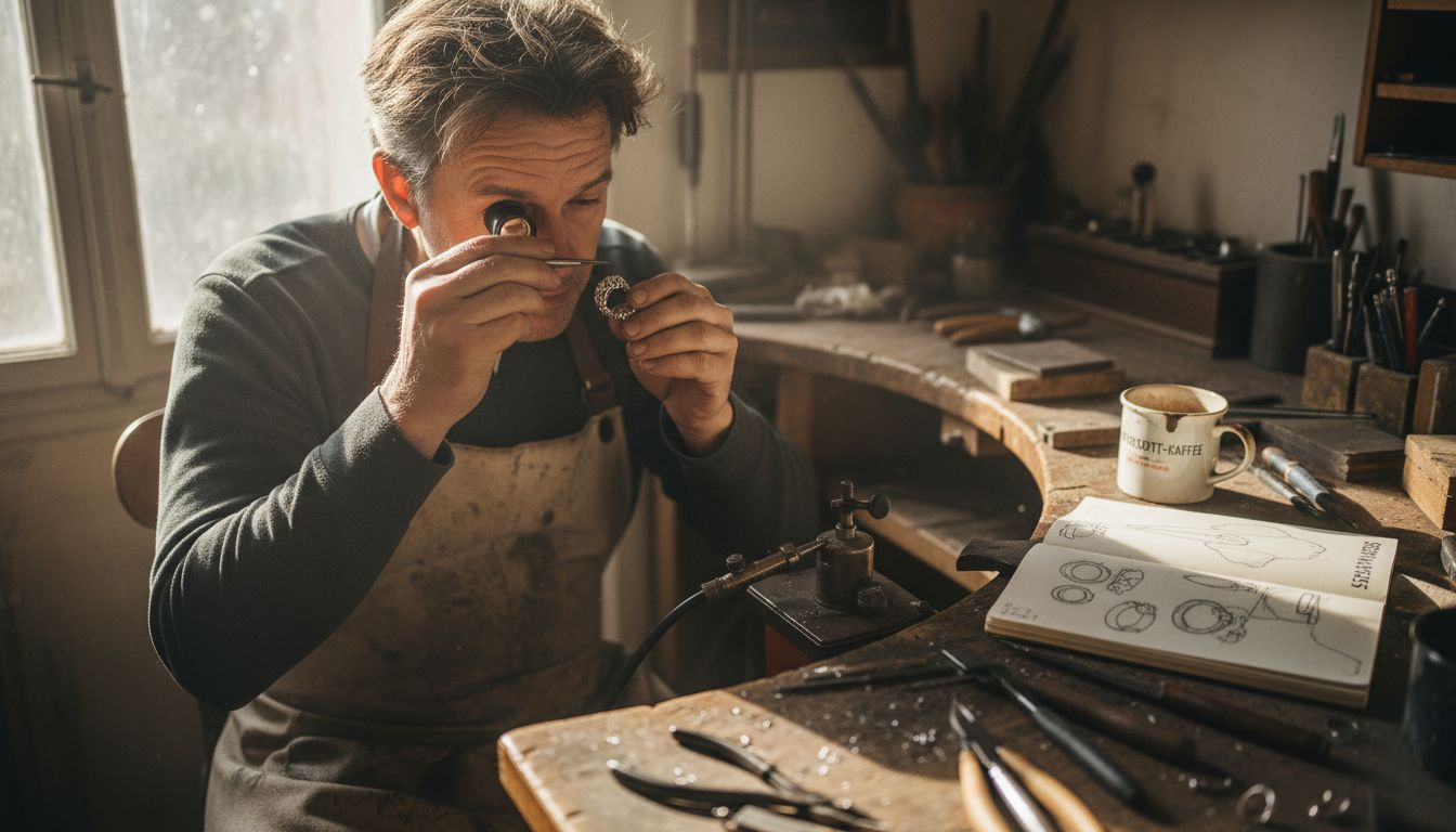 Ein Goldschmied begutachtet einen Silberring an seiner Werkbank.