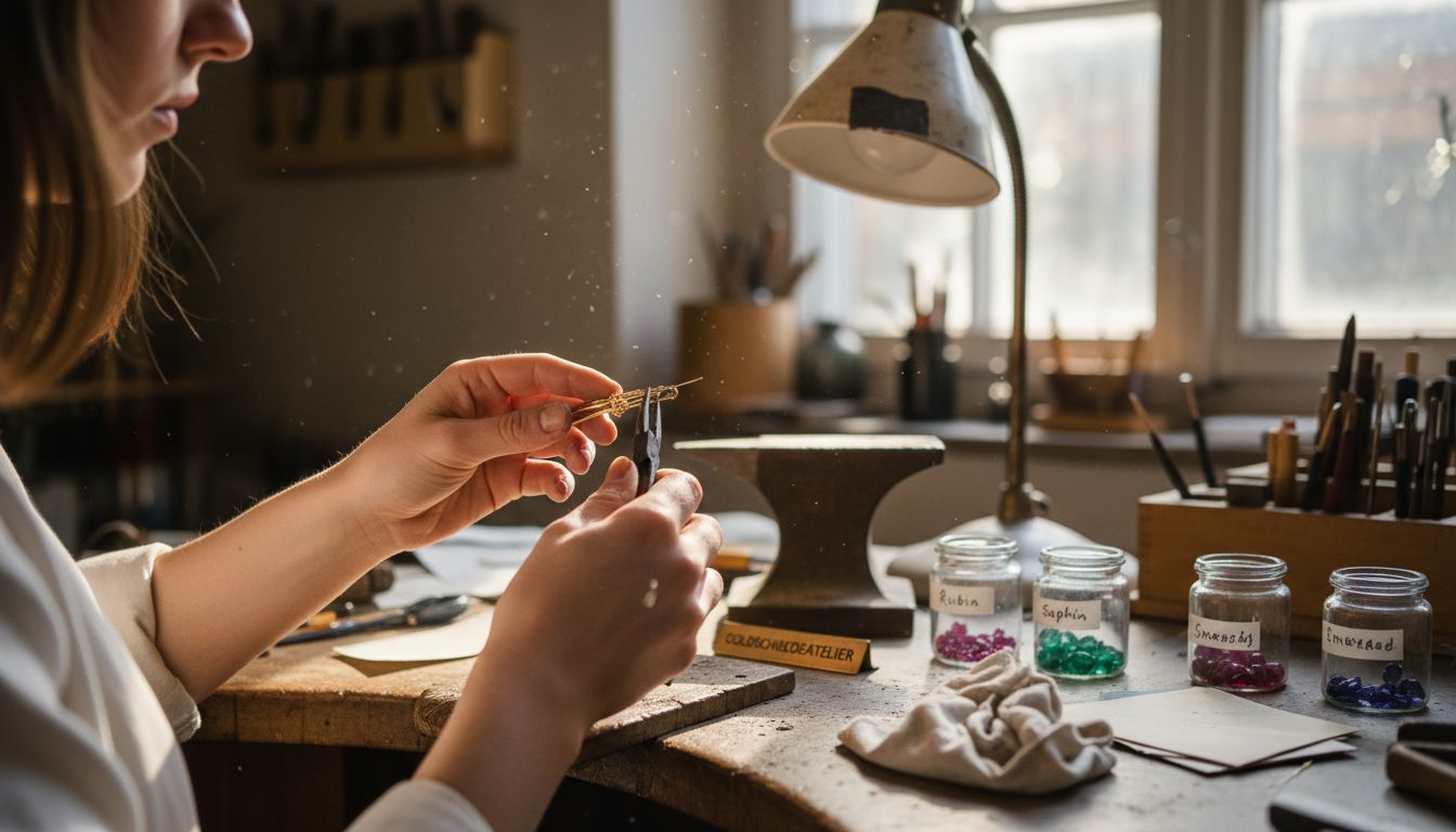 In einer kleinen Werkstatt formt ein Goldschmied mit viel Fingerspitzengefühl feinen Golddraht zu einzigartigen Schmuckstücken.