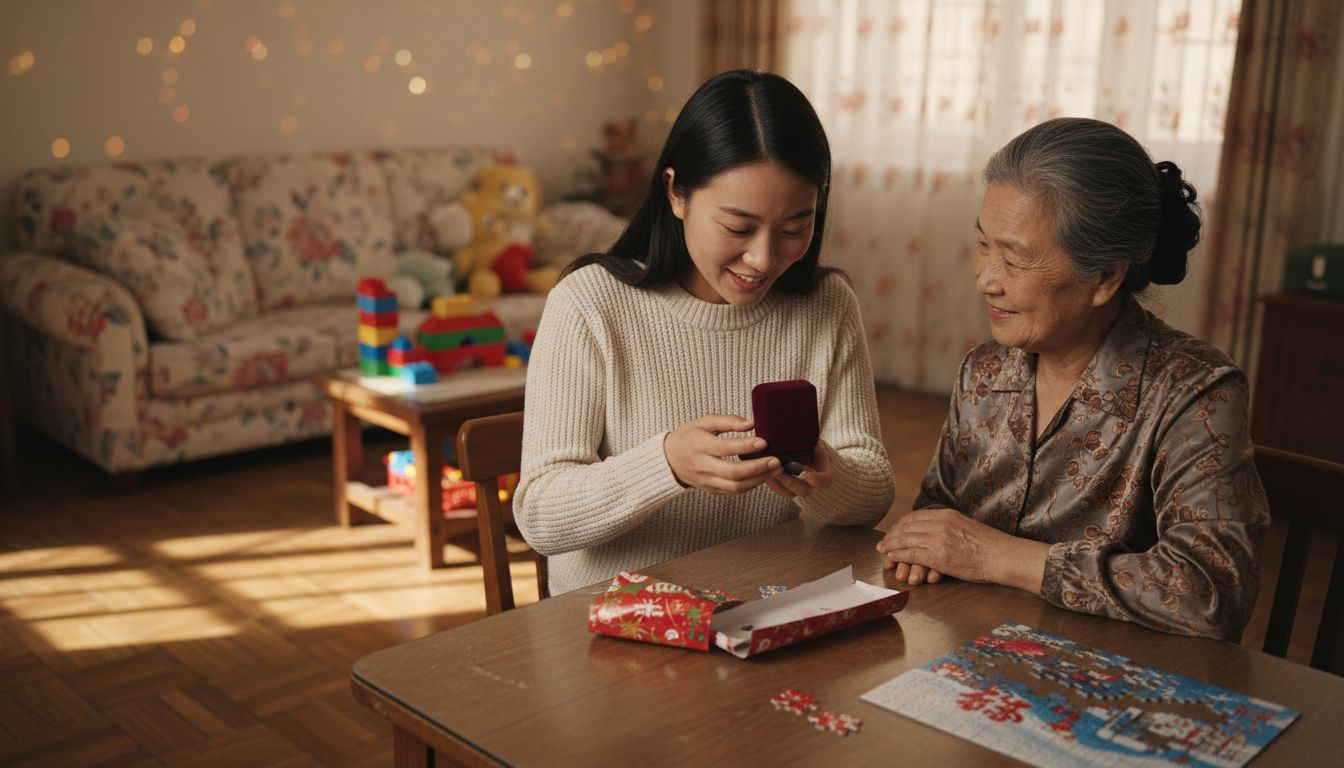 节日期间，妈妈精心挑选了一件首饰，作为礼物送给女儿，寓意着对她的关爱与祝福。