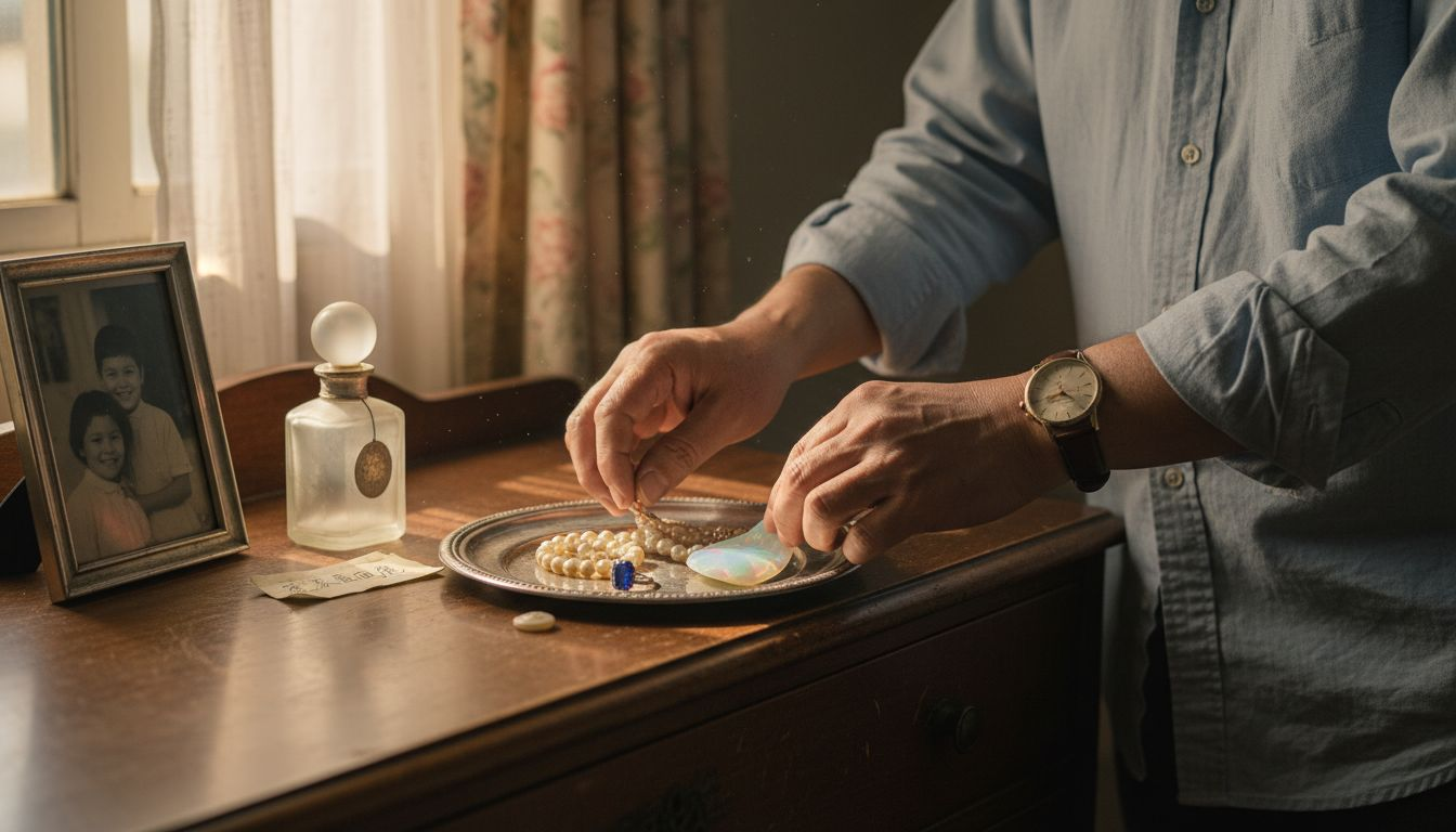 梳妆台上摆放着各式各样的首饰，散发着迷人的光彩。