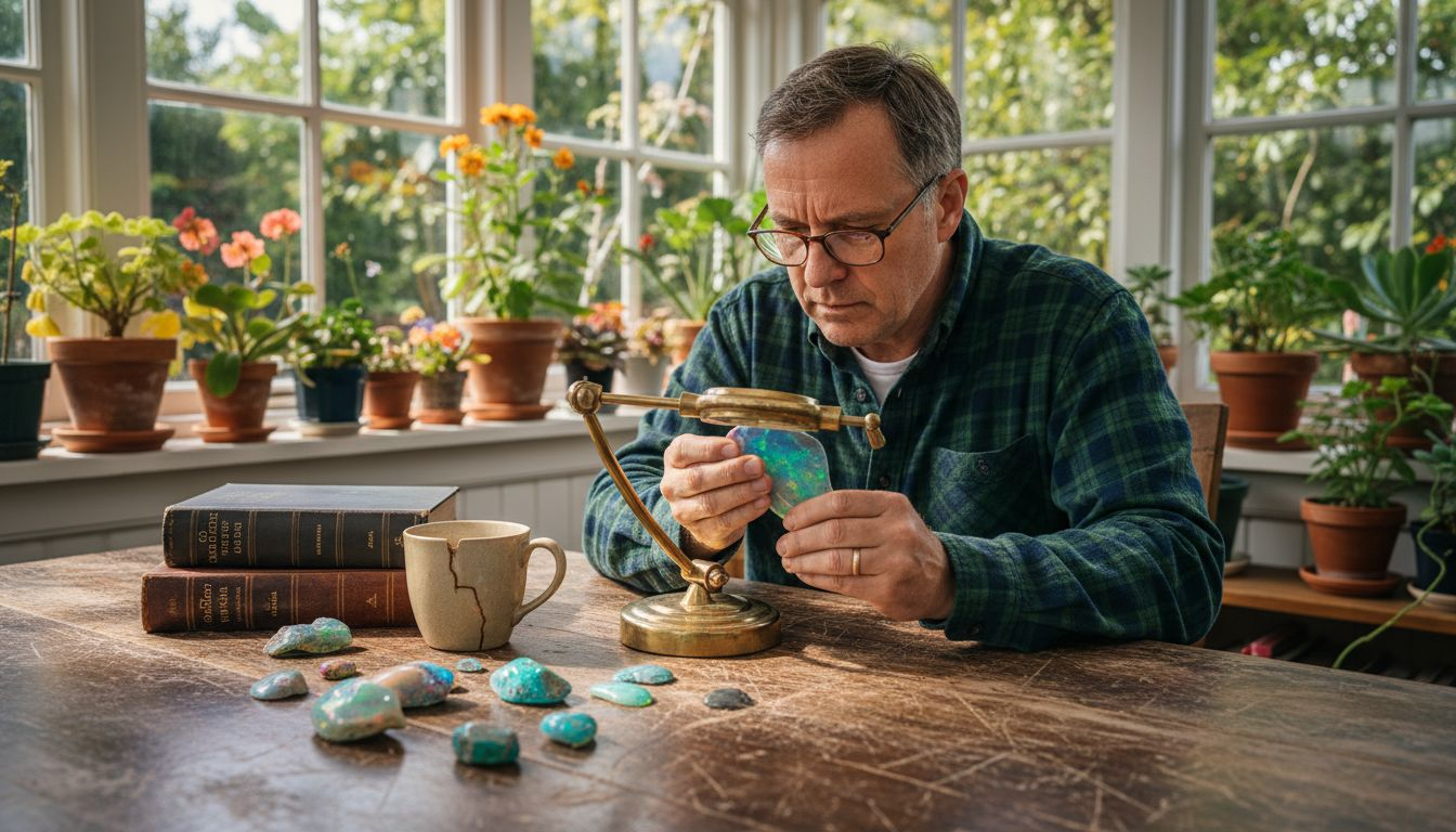 Collector inspecting opal stones at sunlit desk