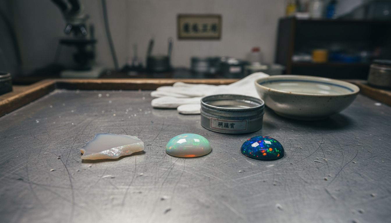 工作台上展示了不同阶段的欧泊切割工艺