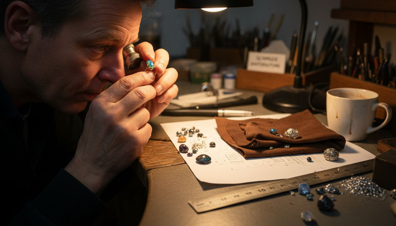 Ein Juwelier begutachtet einen Ring mit schwarzem Opal.