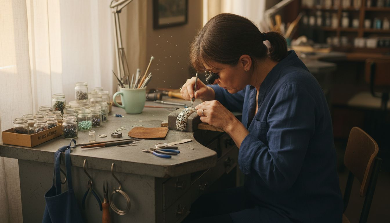 Un artisan façonne minutieusement un bracelet sur mesure en y sertissant des pierres précieuses.