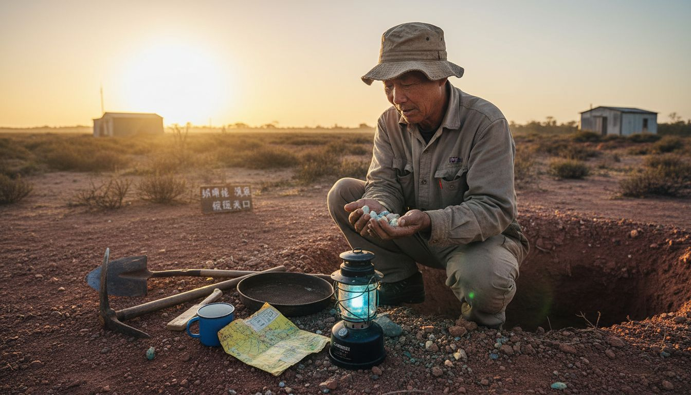 澳大利亚内陆地区的欧泊矿工与他们的采矿工具