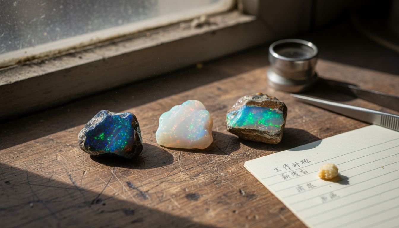 珠宝匠工作台上的各类欧泊宝石