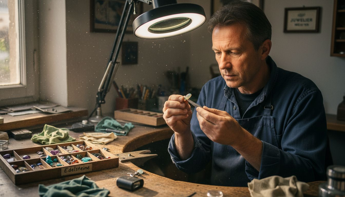 Ein Juwelier prüft einen Opal-Triplet-Stein auf seine Qualität.