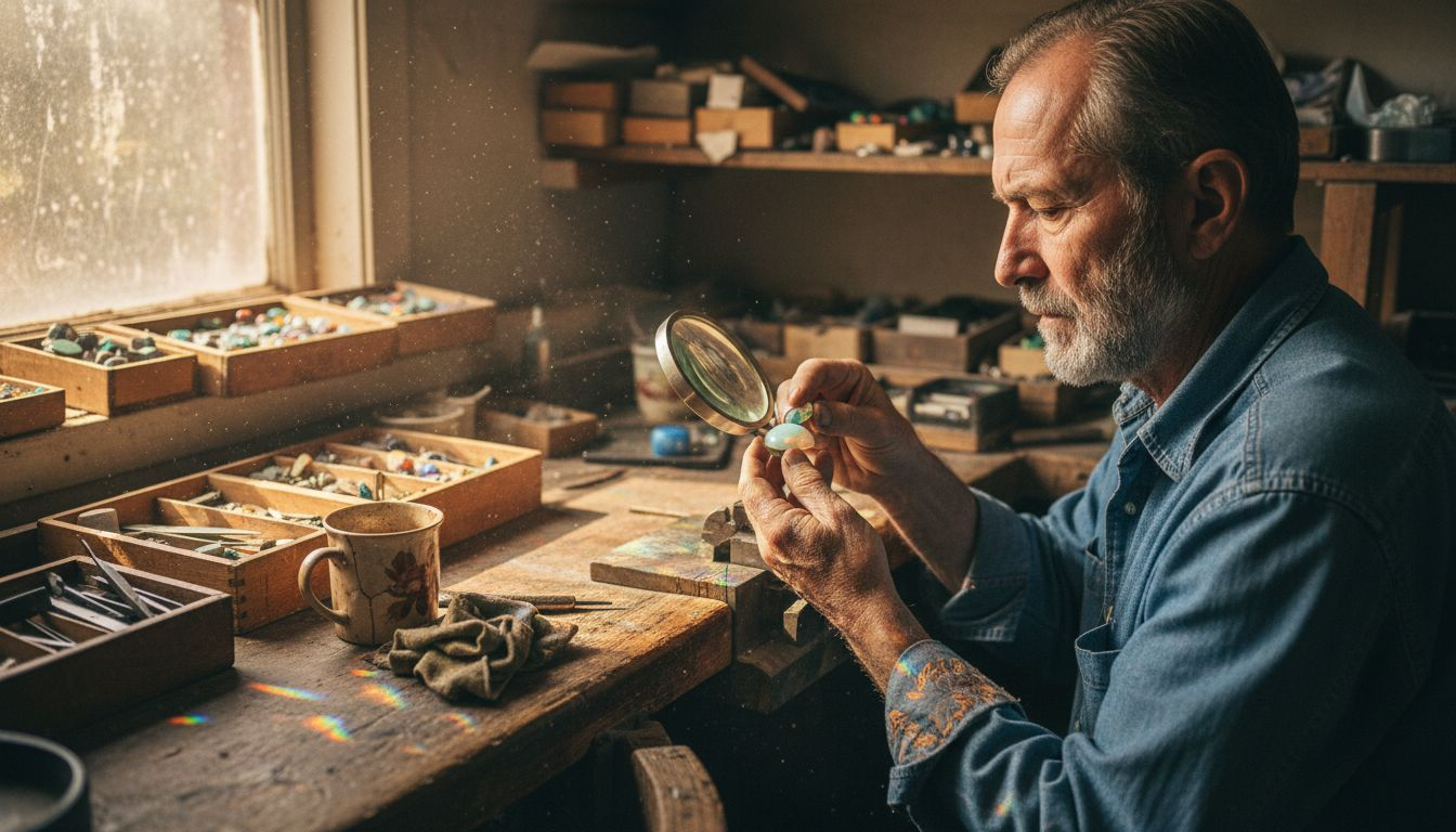 Opal artisan closely examining gem cabochon