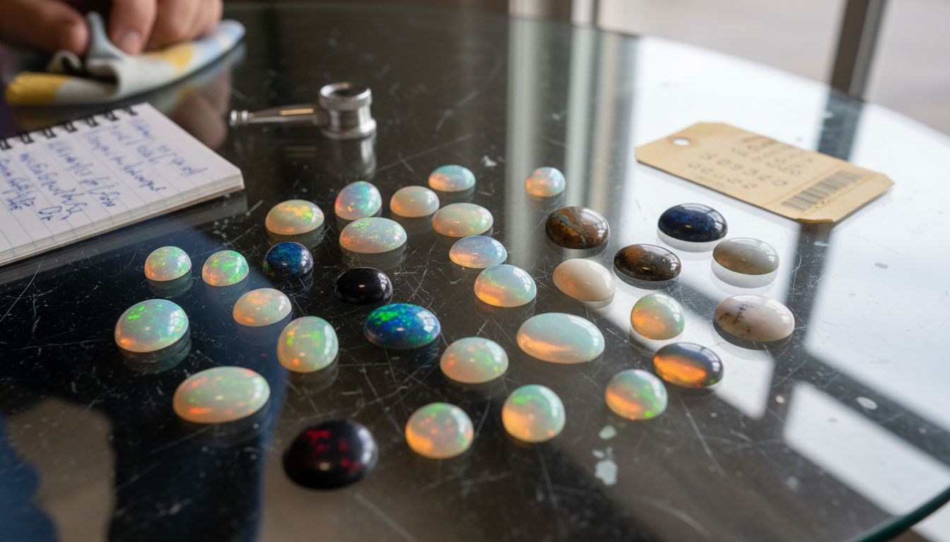 Various opal cabochon types on table