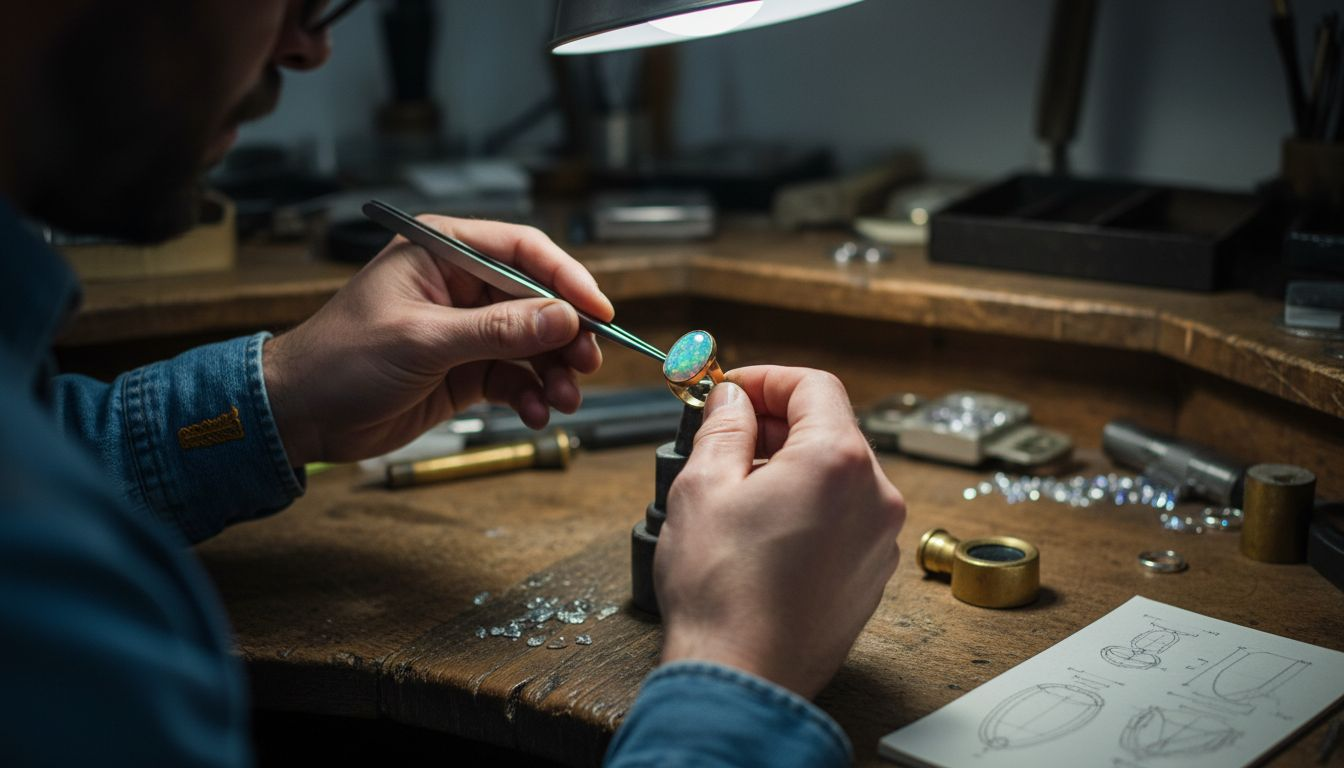Jeweler setting opal into protective ring