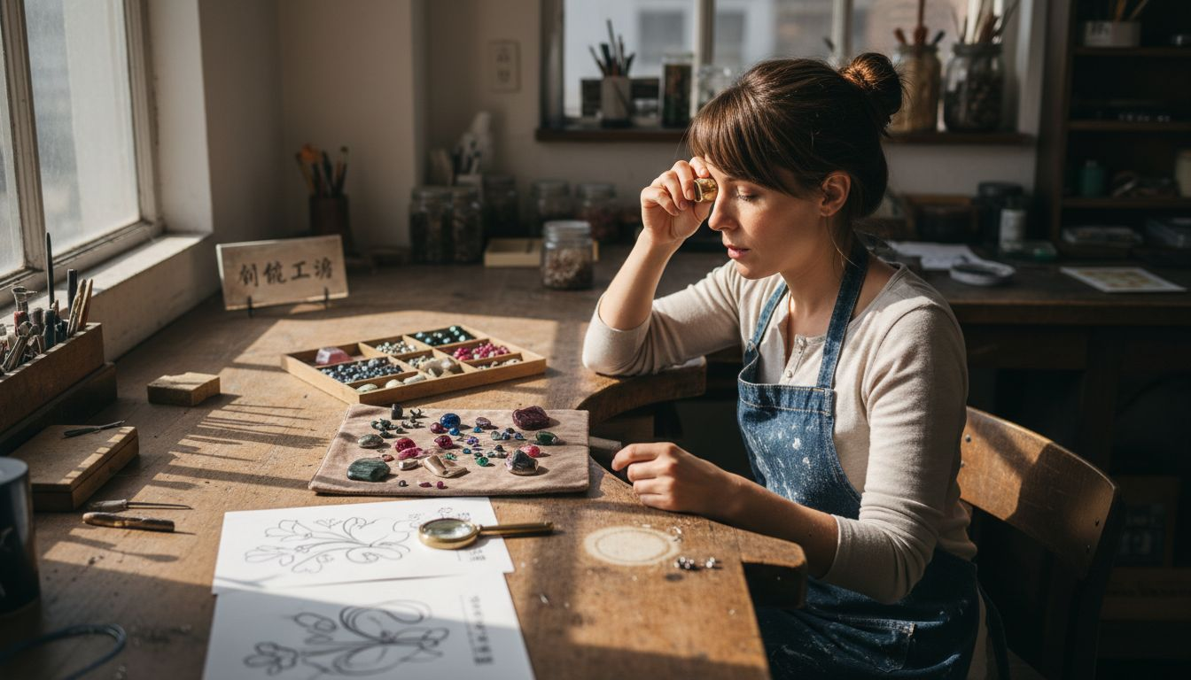 珠宝设计师在工作台细致地挑选和鉴别宝石。