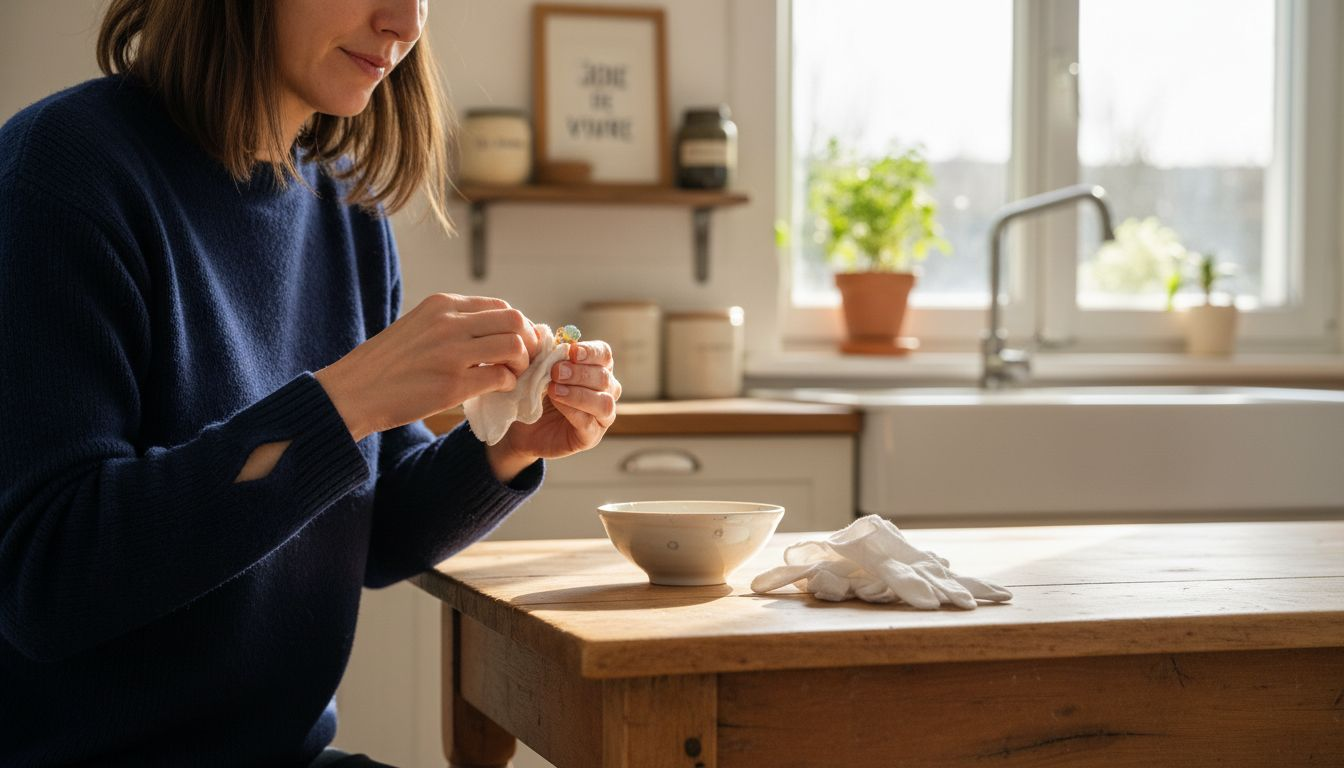 Une femme prend soin de ses bijoux en opale chez elle, en les nettoyant délicatement.