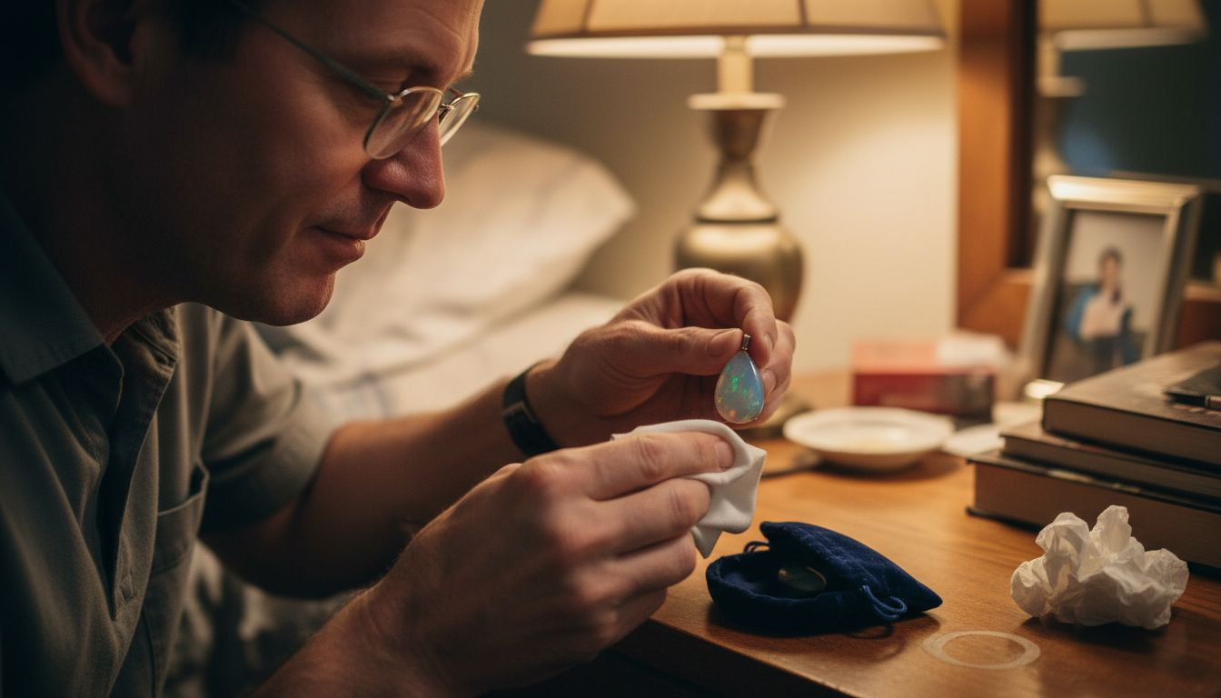 Un homme essuie délicatement un pendentif en opale à l’aide d’un chiffon doux.