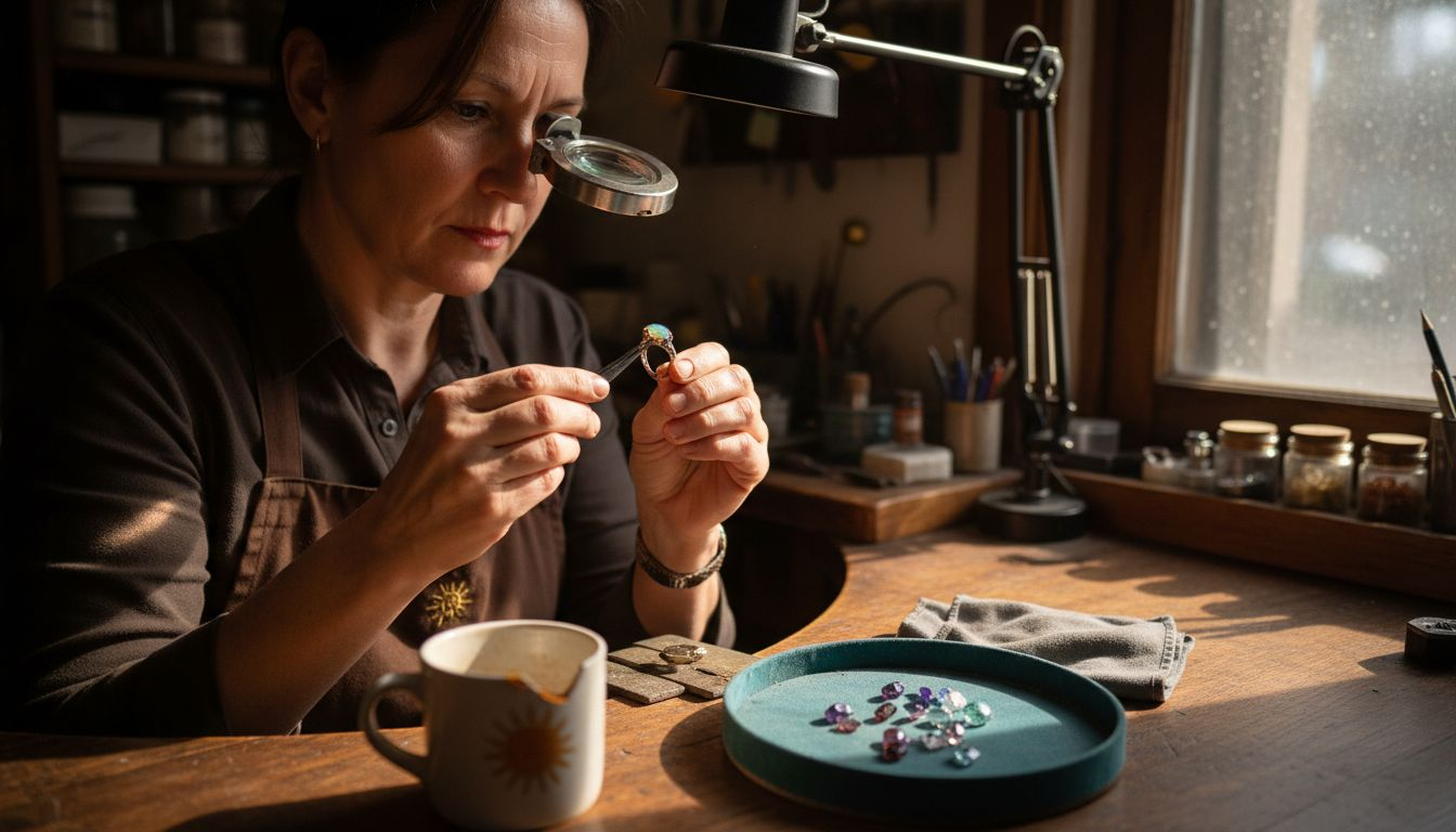 Jeweler examines vintage opal ring at workbench