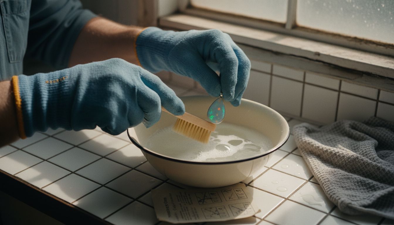 Hands cleaning opal pendant with soap and brush