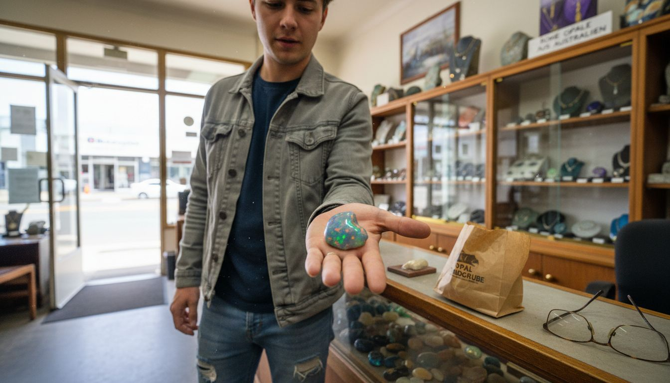 Eine Hand präsentiert einen unbehandelten Vollopal direkt im Geschäft.