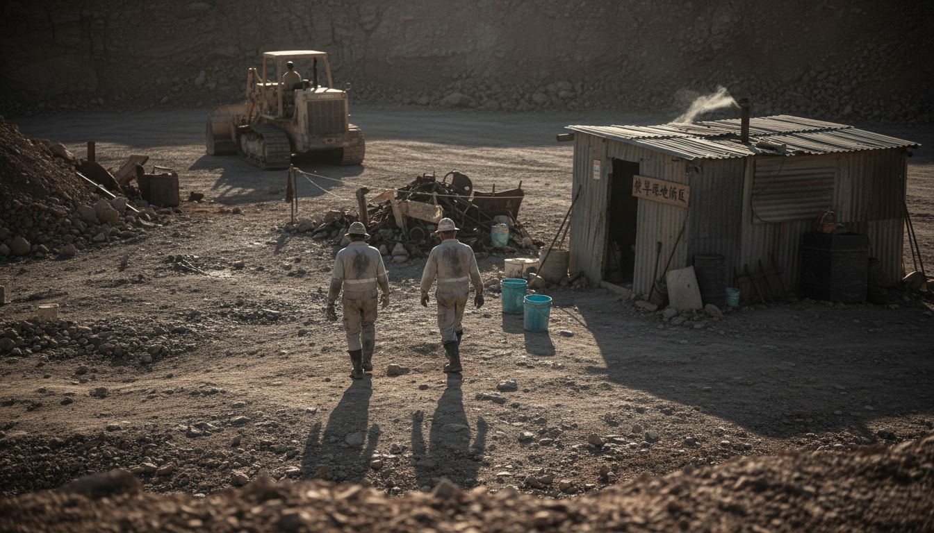 在澳大利亚的欧泊矿区，矿工们沿着矿道缓步前行，忙碌的身影穿梭在广袤的矿区之中。
