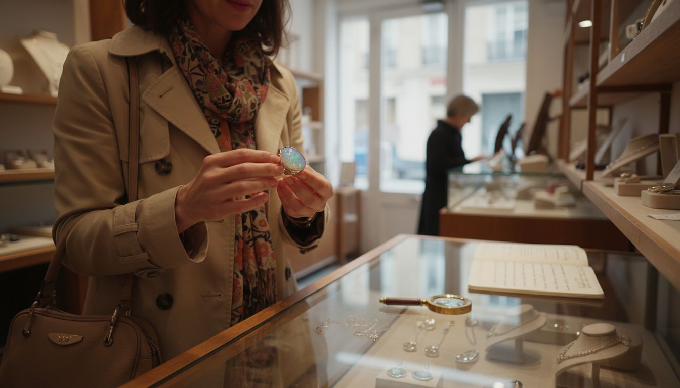 Une femme contemple attentivement une bague ornée d’une véritable opale.