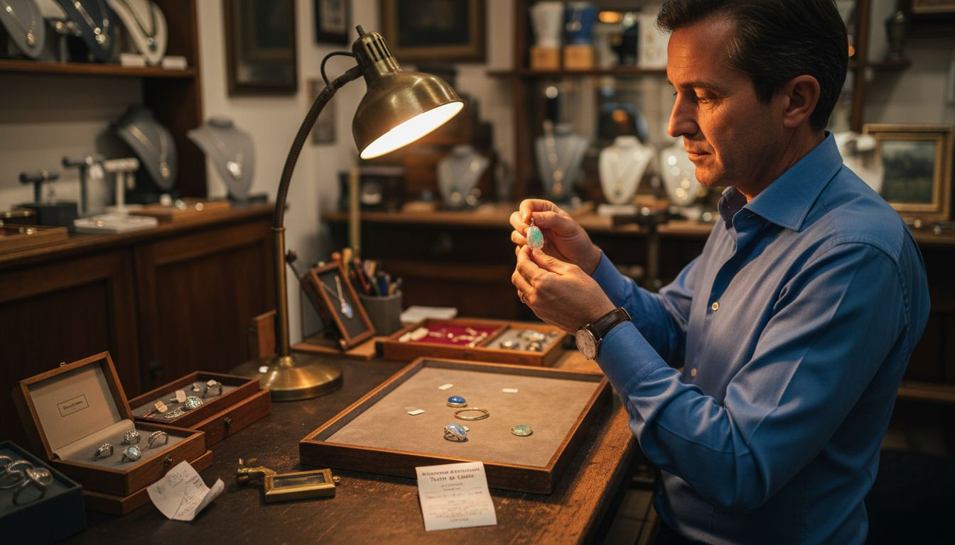 Un homme examine différents pendentifs en opale dans une boutique, cherchant celui qui lui plaît le plus.