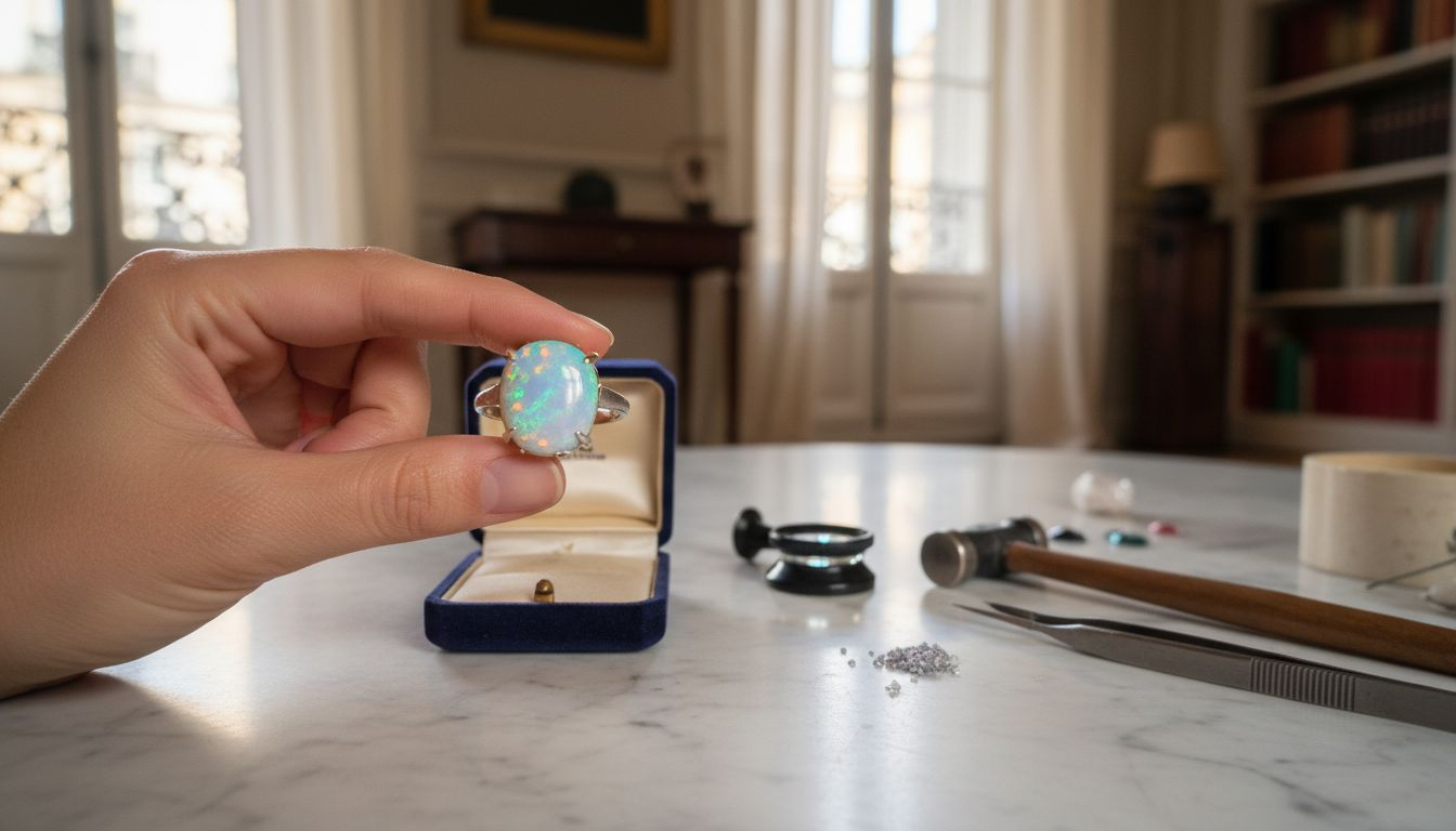 Une main met en valeur une bague précieuse créée sur-mesure.