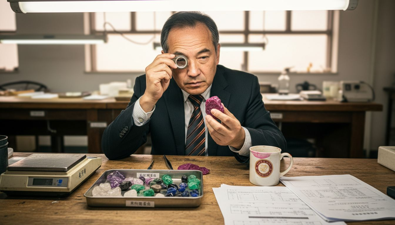 宝石鉴定师正在桌前细致地检查红宝石饰品,认真观察其品质与工艺。