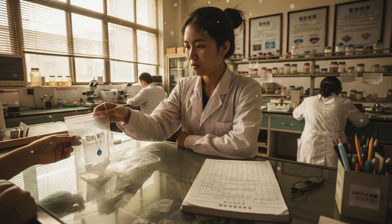 珠宝检测师正在接收客户送来的样品,准备进行实验室检测。