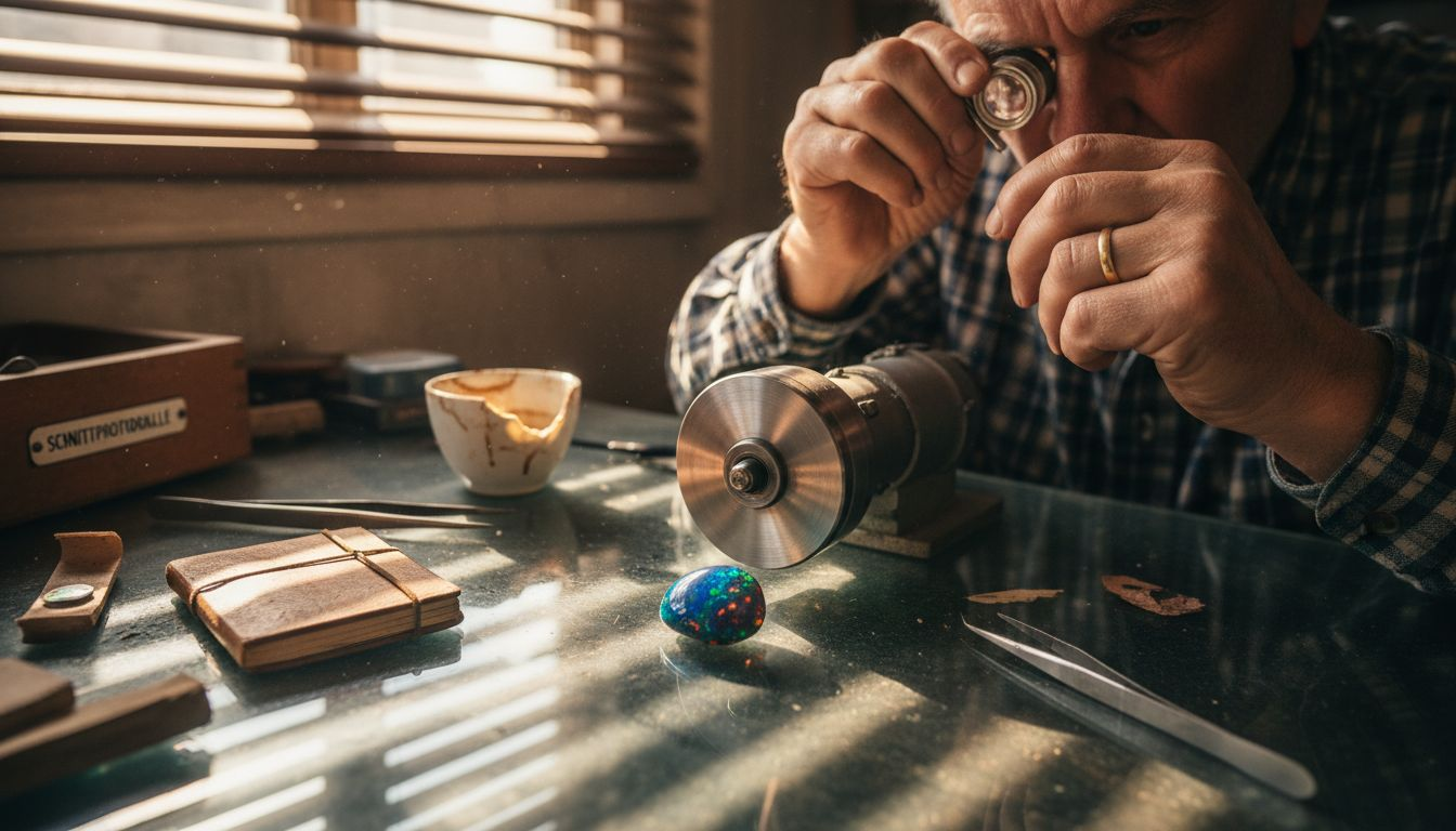 Ein Edelsteinschleifer begutachtet in seiner Werkstatt einen schwarzen Opal.