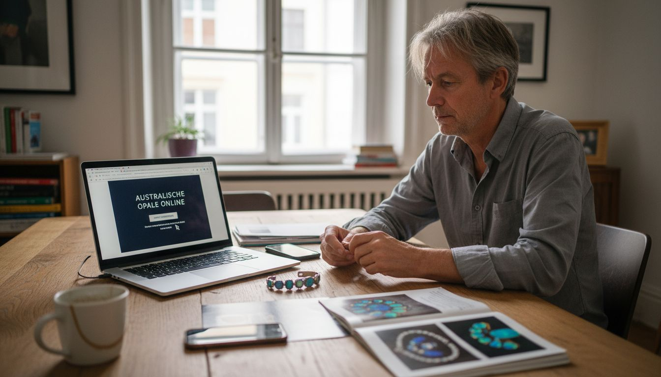 Ein Mann bestellt australische Opale bequem von zu Hause aus über seinen Laptop.