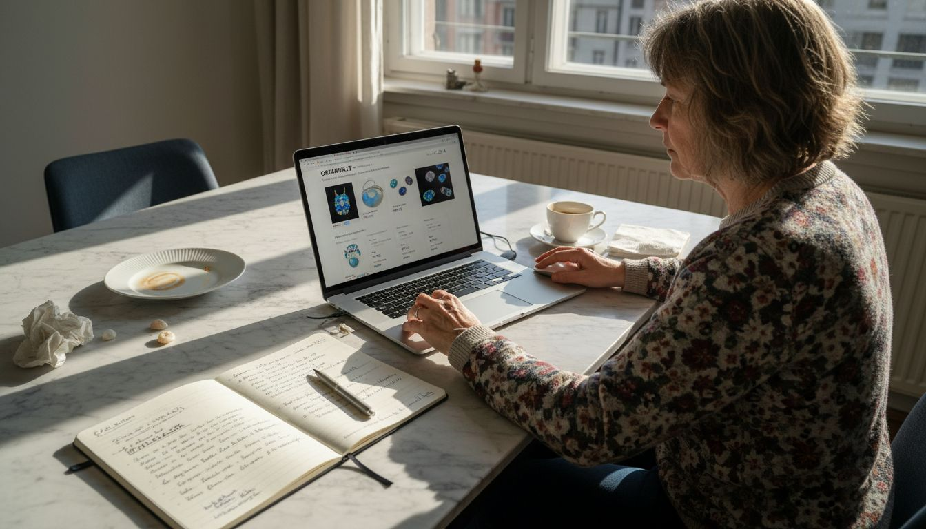 Eine Frau schaut sich die Website eines Opal-Shops genau an.