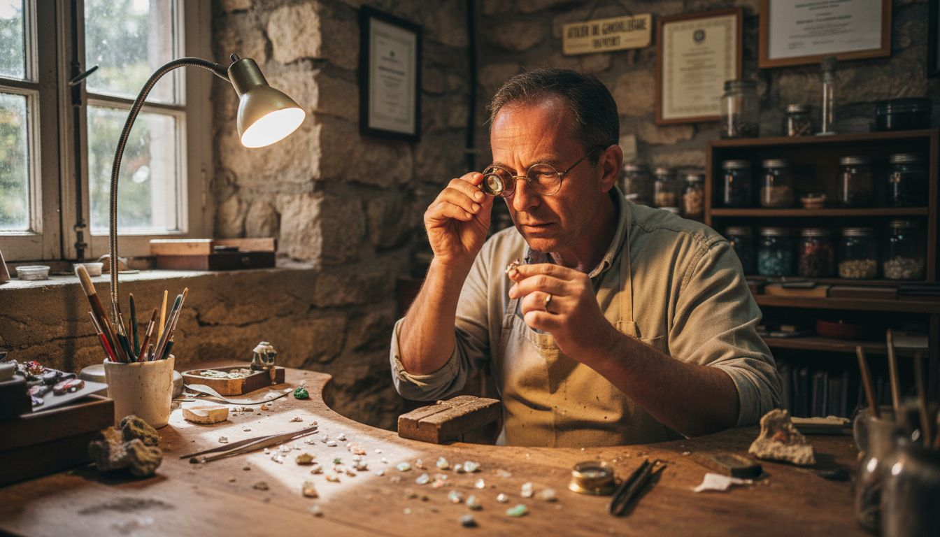 Un gemmologue en pleine analyse d’un doublet d’opale sur son établi.