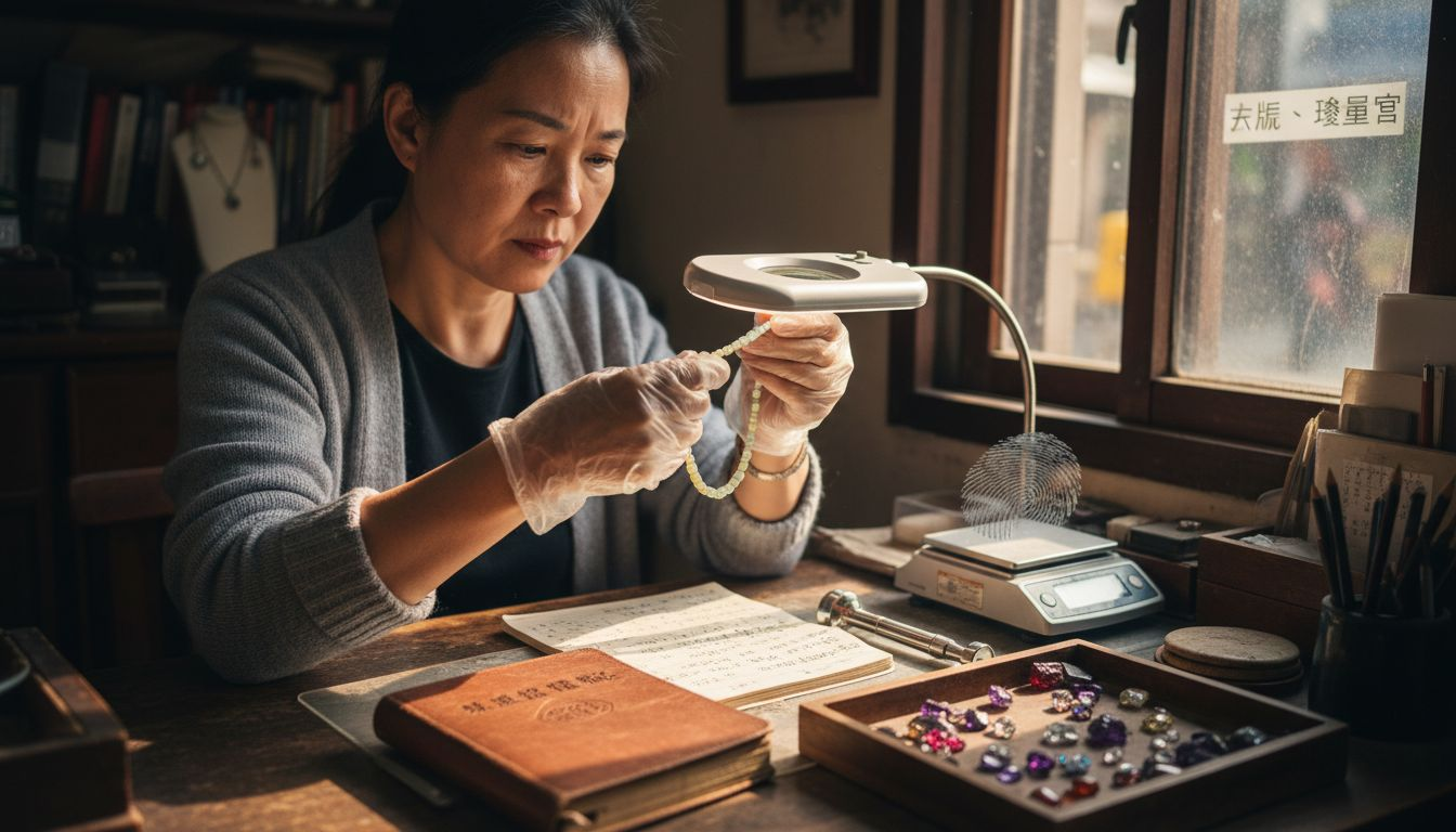 珠宝鉴定师正在工作台前认真鉴赏欧泊宝石。