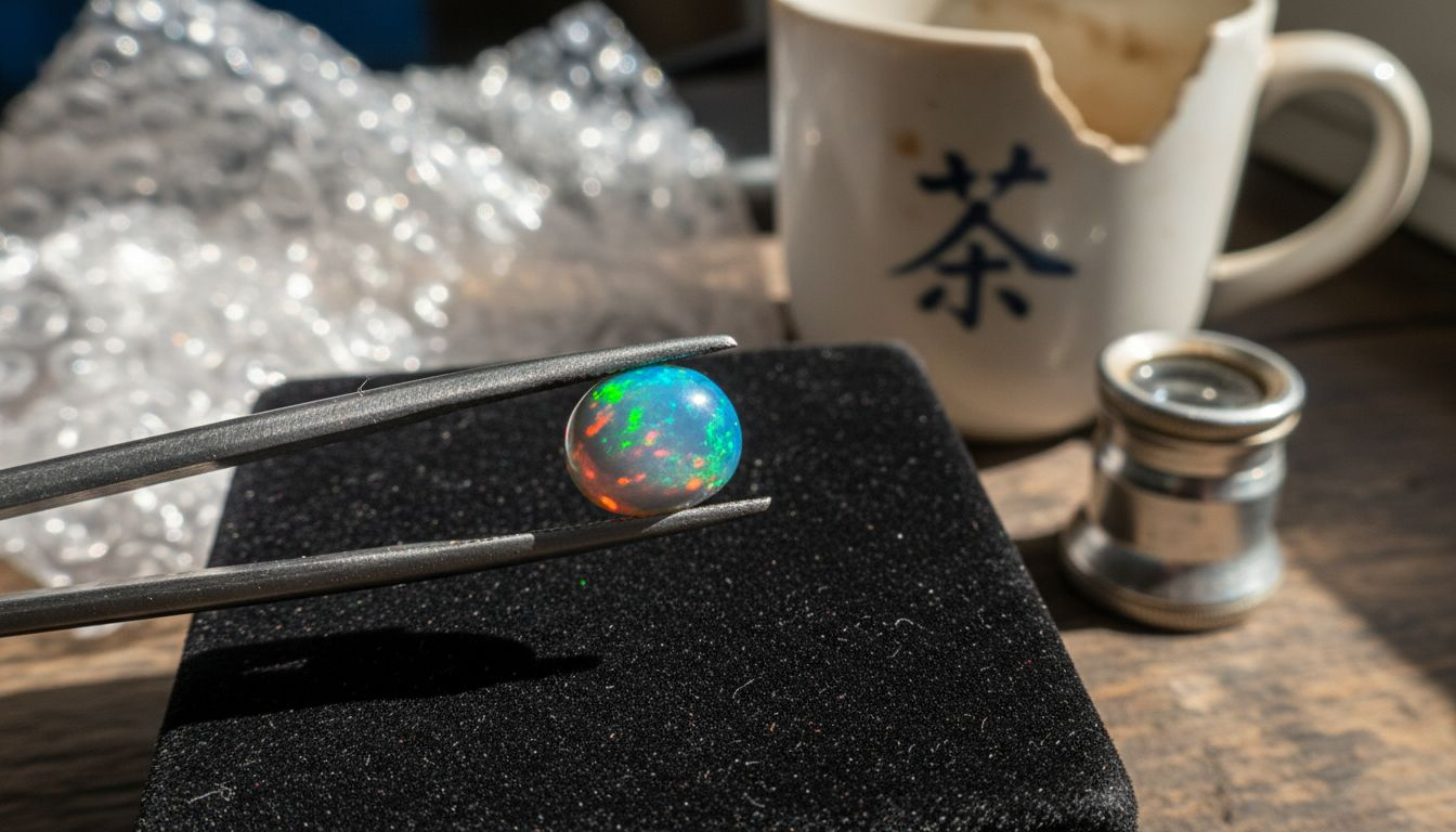 珍稀澳大利亚欧泊静置在丝绒上，近距离欣赏其独特光彩。