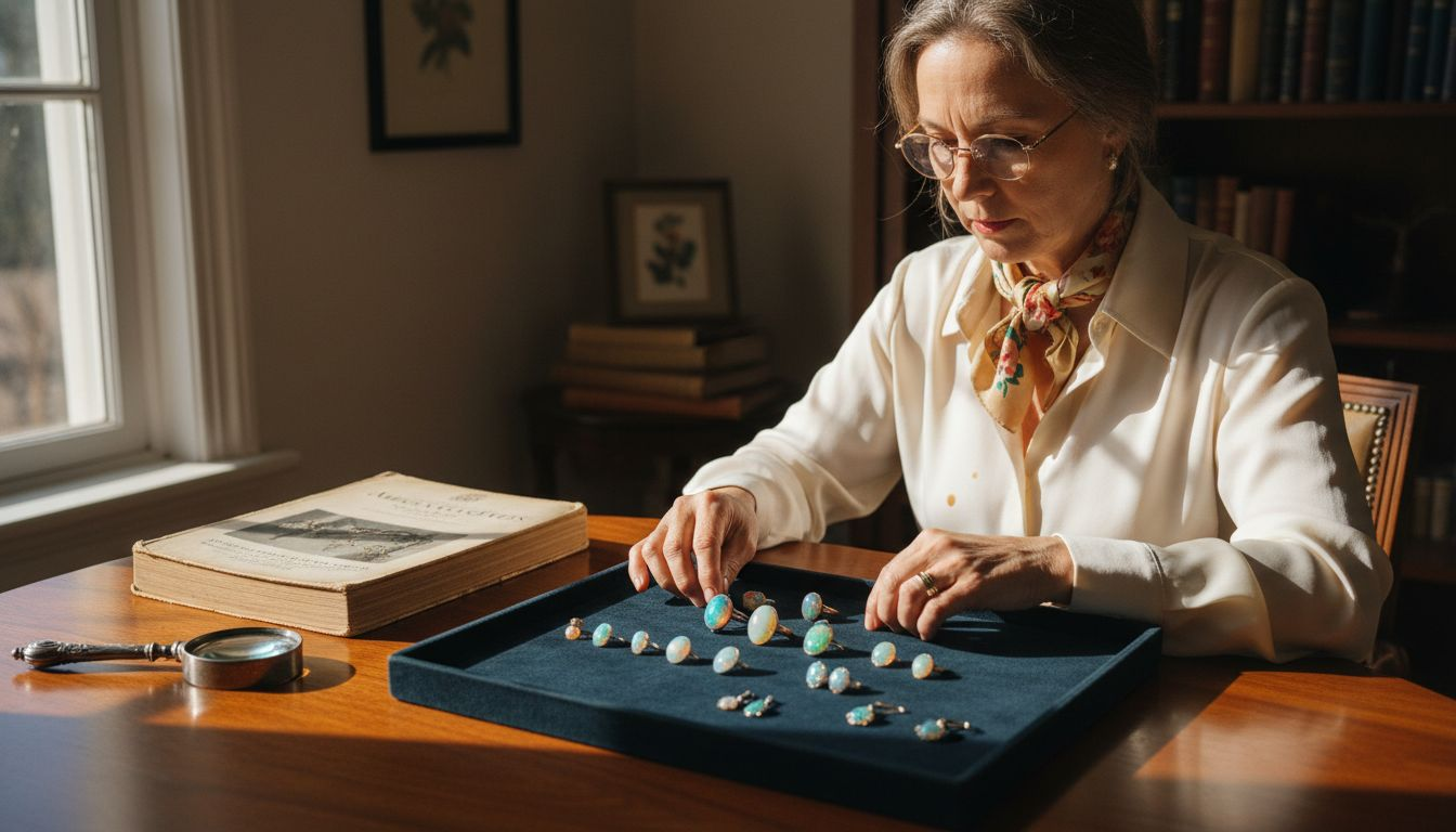 Collector organizing opal jewelry collection on tray