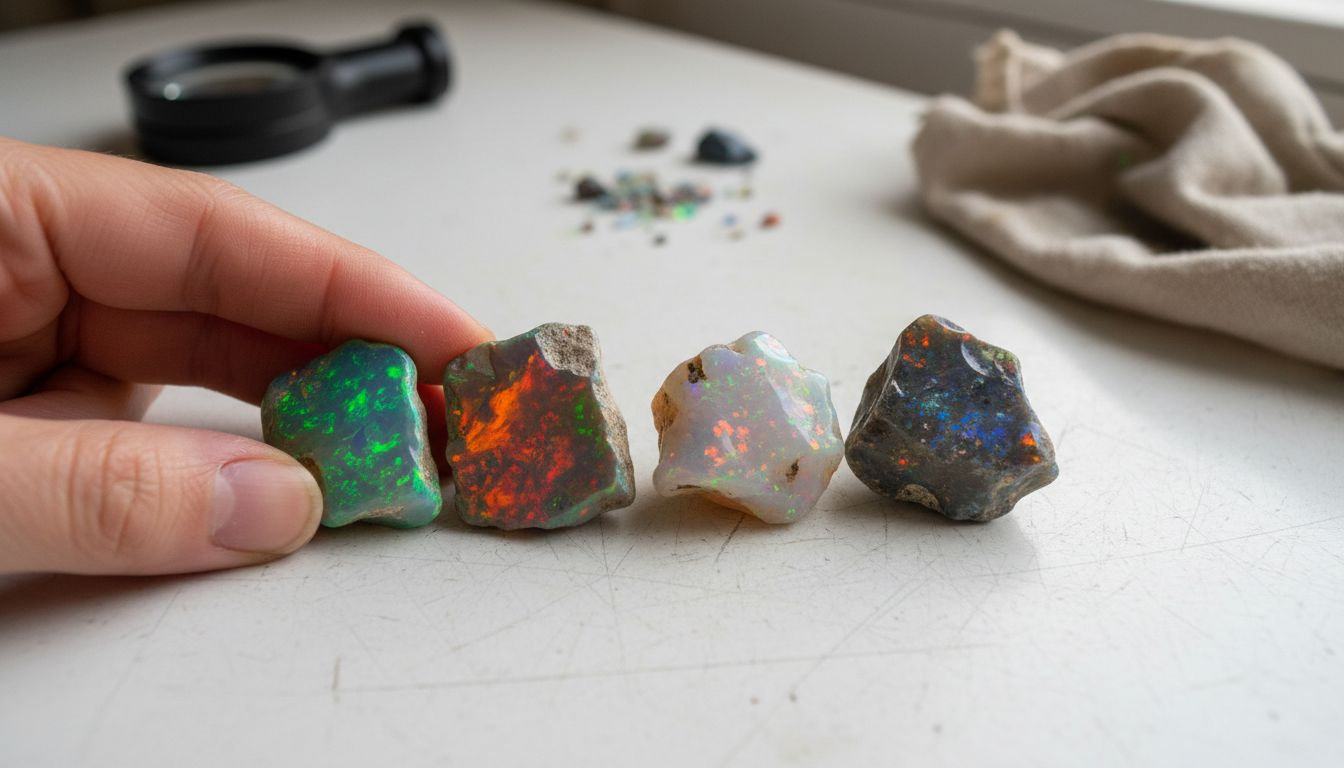 Eine Hand, die verschiedene australische Opale präsentiert