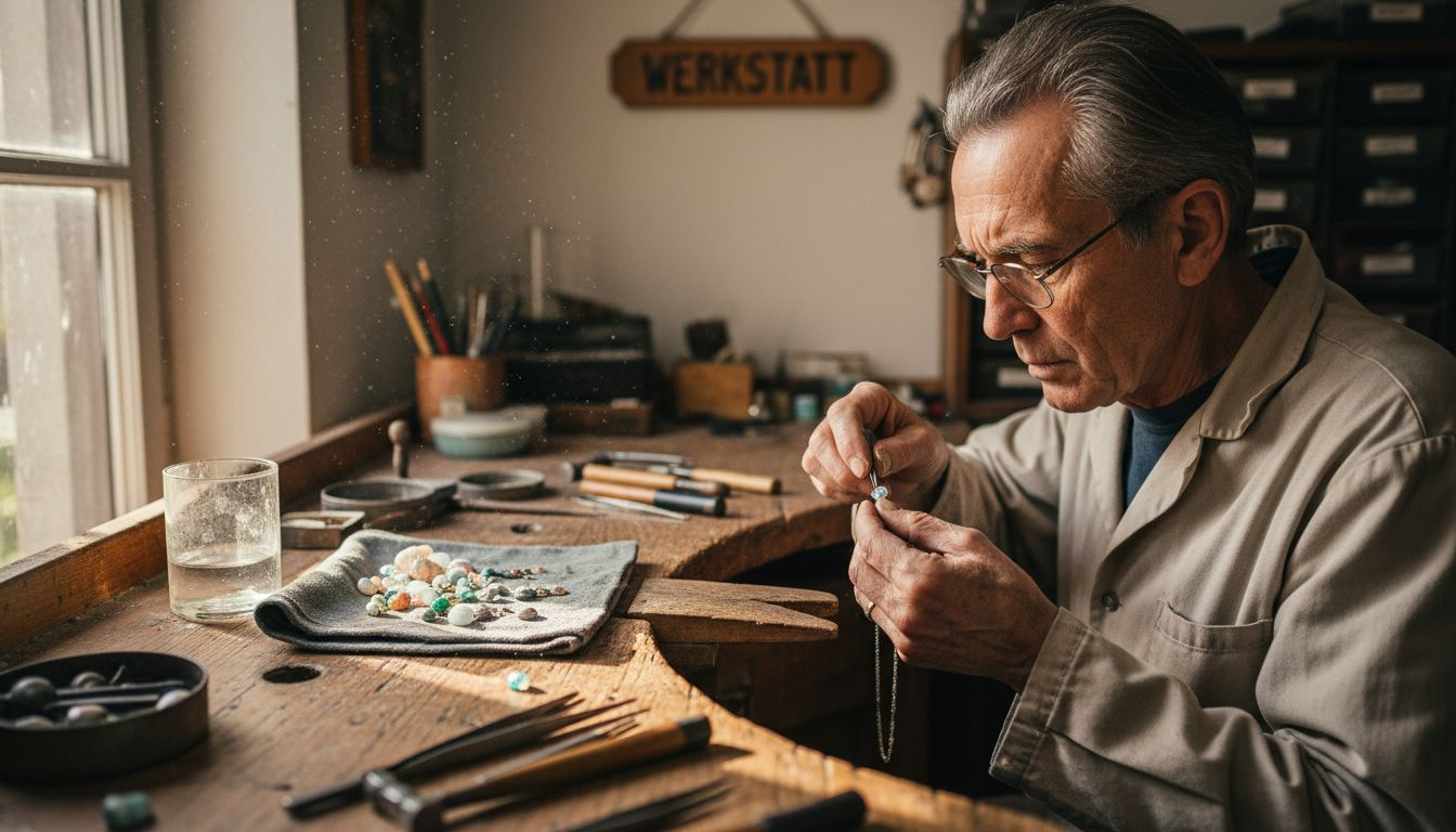 An seiner Werkbank gestaltet der Goldschmied kunstvollen Schmuck mit Opalen.