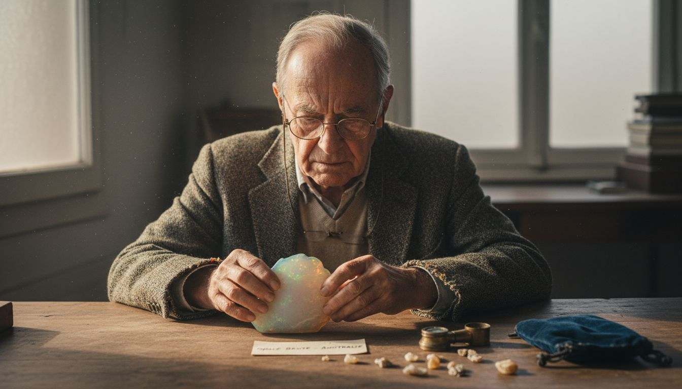 Un gemmologue observe attentivement une pierre d’opale, scrutant chaque détail pour en apprécier la qualité et les reflets uniques.