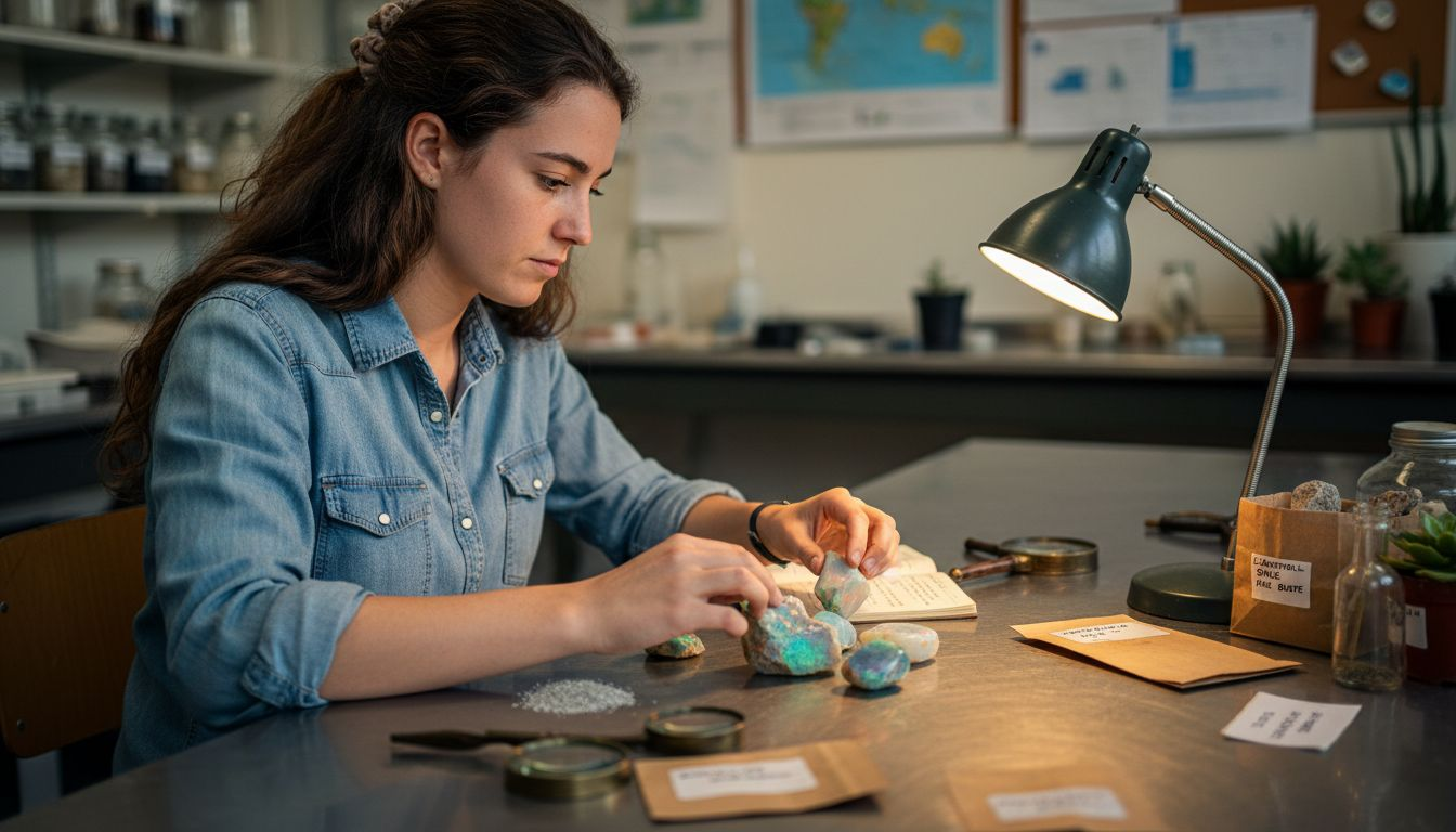 Un élève présente les reflets irisés de son opale à la lumière d'une lampe.