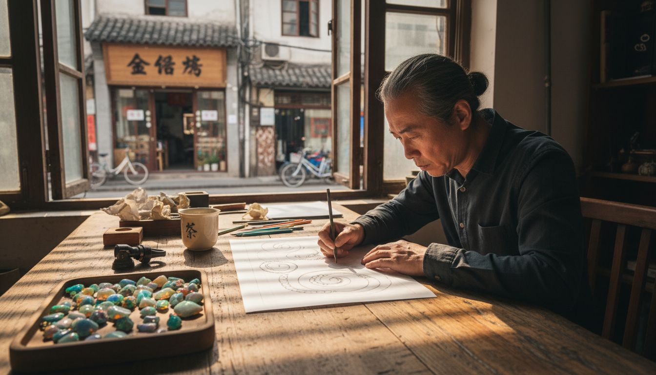 珠宝设计师正在构思并绘制欧泊升级的设计草图。