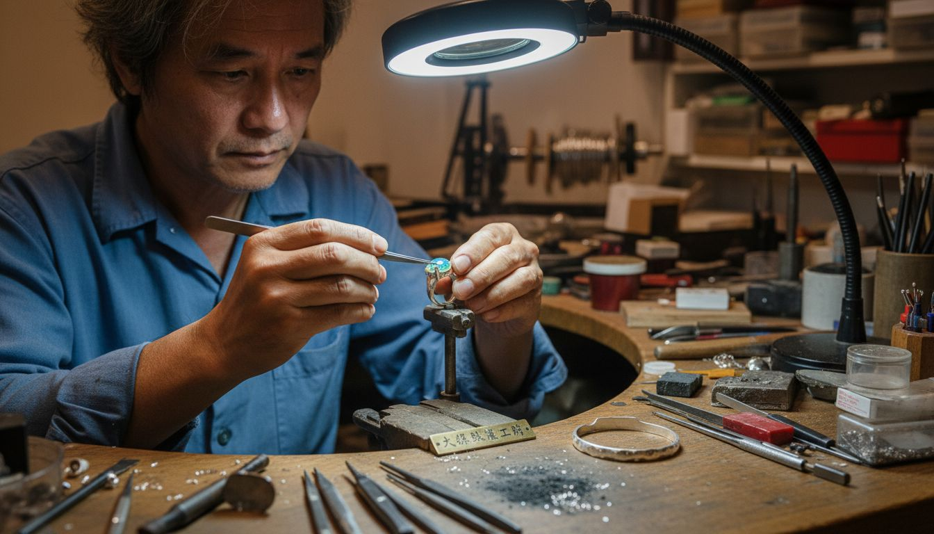 匠人精心将蛋白石镶嵌进定制戒指之中