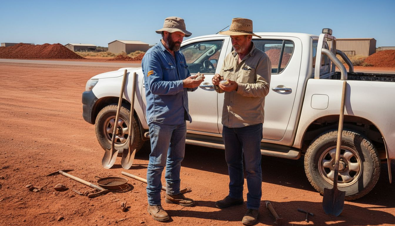 Australian opal miners examining rough stones outside