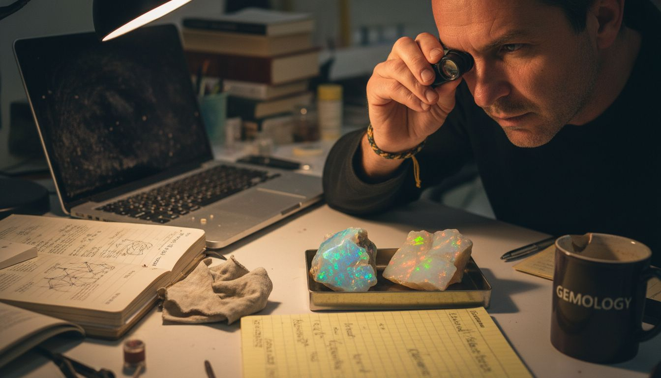 Gemologist comparing two opal specimens close up