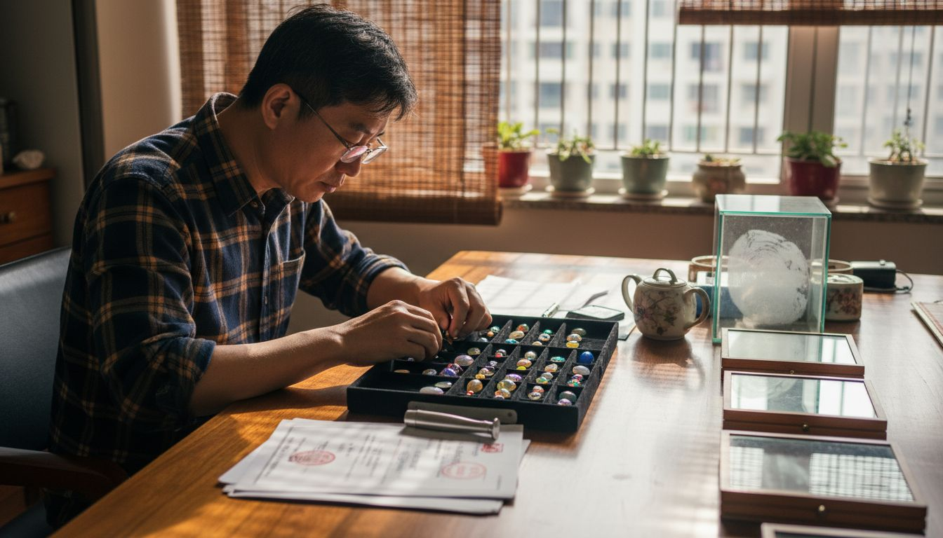 藏家坐在书桌前，细致鉴赏罕见的欧泊宝石。