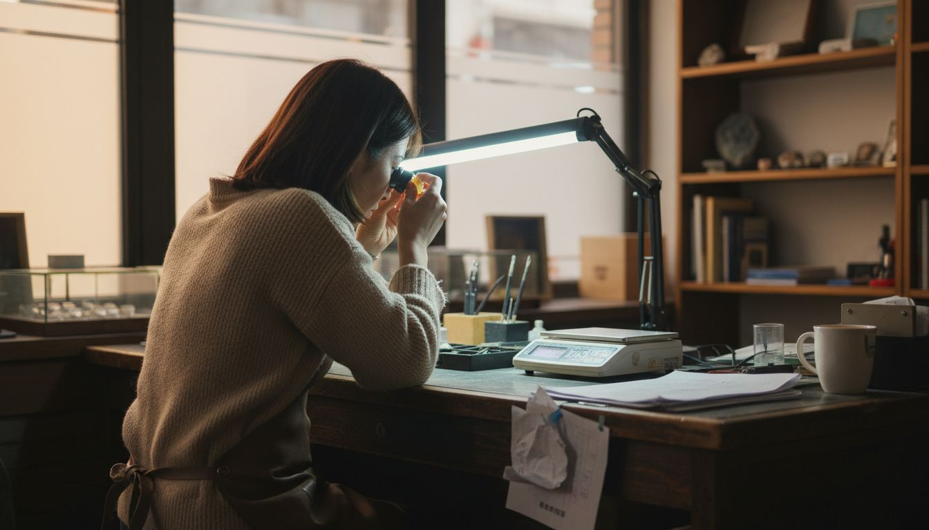 珠宝鉴定师在工作室仔细评估欧泊的价值