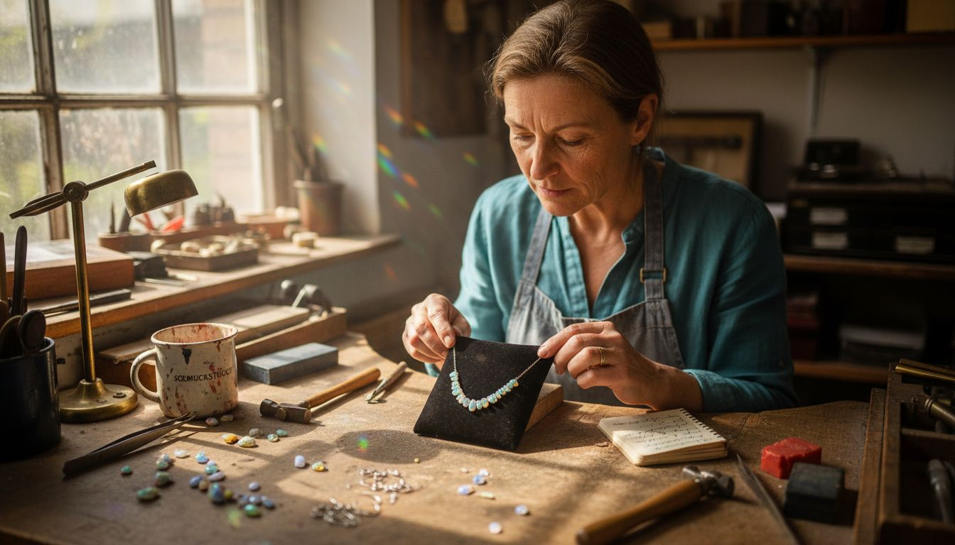 Ein Juwelier prüft eine exklusive Opalkette auf ihre Qualität.